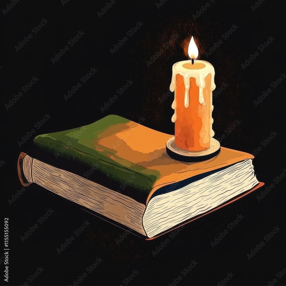 Poster an artistic depiction of a green and orange book resting with a lit candle, creating a warm, invitin