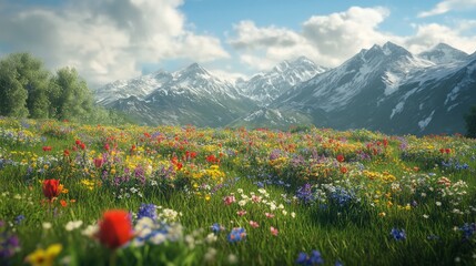 Obraz premium Artificial intelligence-generated vivid wildflowers grow in a summer meadow.