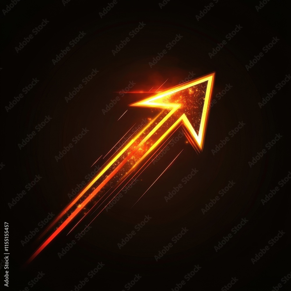 Poster dynamic glowing orange arrow moving upward on a dark background, symbolizing progress and success.