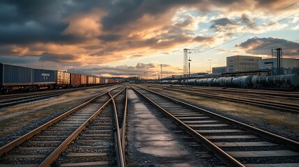 Naklejka premium Railroad Tracks at Sunset. Transportation, Logistics, and Industry Concept.