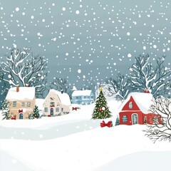 Fototapeta premium Charming winter village scene with colorful houses and a decorated Christmas tree amidst falling snow.