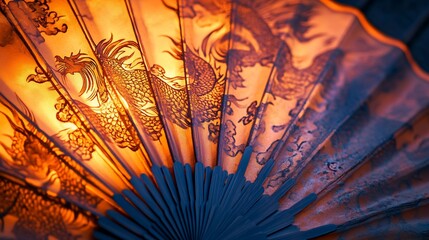 Close-up of an ornate Chinese hand fan, depicting dragons and clouds in warm orange and dark tones.