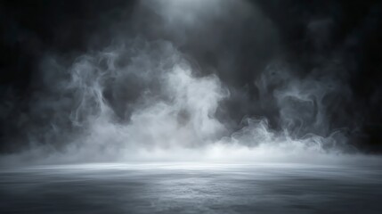 Abstract Backdrop, Dark Room Concrete Floor: Stage or Black Room Background for Product Placement. Panoramic View of the Abstract Fog with White Cloudiness, Mist, or Smog Moving on Black Background.