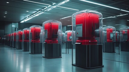 Rows of red encased futuristic machines in a large hall.