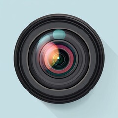 A detailed illustration of a camera lens showcasing colorful glass elements and a sleek design.