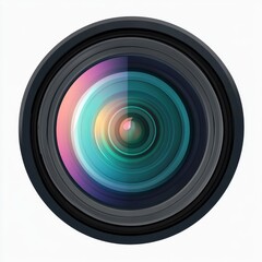 Close-up of a camera lens with vibrant colors and reflections, showcasing the intricate design and craftsmanship.