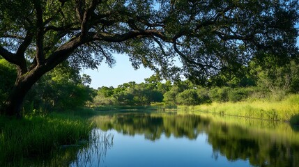 Fototapeta premium Tranquil River Landscape with Lush Greenery