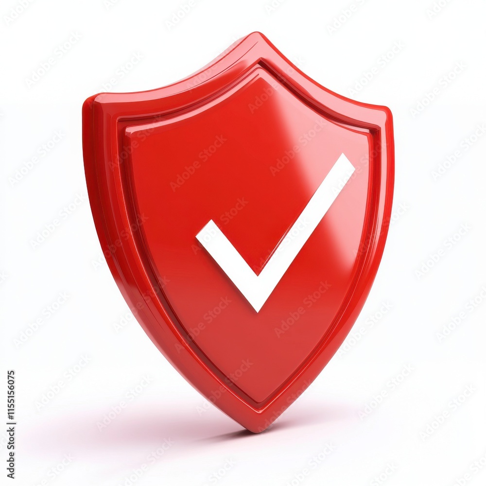 Poster a shiny red shield with a white check mark, symbolizing protection and security.
