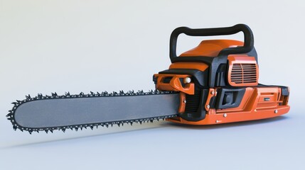 An orange electric chainsaw on a light background, showcasing its sharp blade and robust design, ideal for outdoor tasks.