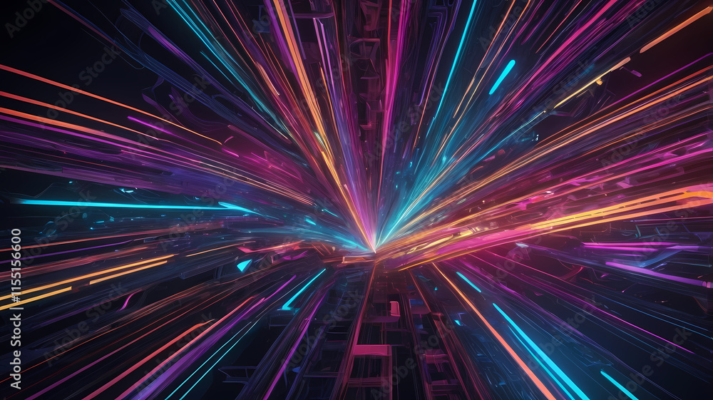 Poster neon burst: abstract speed and light. a vibrant explosion of neon light streaks across a dark backgr