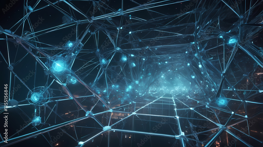 Poster abstract network tunnel: a mesmerizing digital art piece depicting a futuristic, abstract network tu