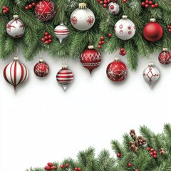 A festive arrangement of red and white Christmas ornaments on pine branches, perfect for holiday celebrations.