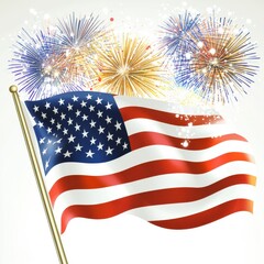 The American flag waves proudly against a backdrop of vibrant fireworks, symbolizing patriotism and celebration.