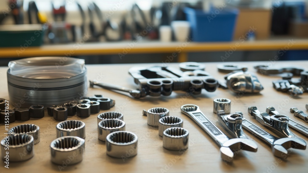 Poster a diverse array of shiny metal tools arranged on a wooden workbench, showcasing a mechanic's workspa