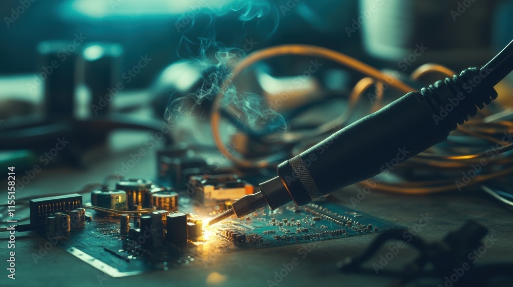 Poster close-up of a soldering iron working on a circuit board, creating sparks and smoke in a dimly lit wo