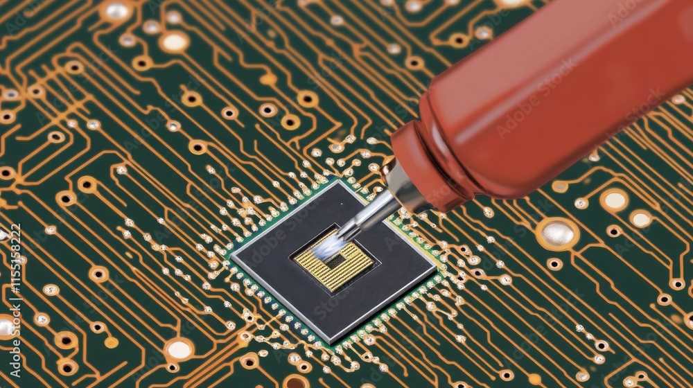 Poster Close-up of a circuit board with a microchip, showcasing intricate connections and high-tech precision.
