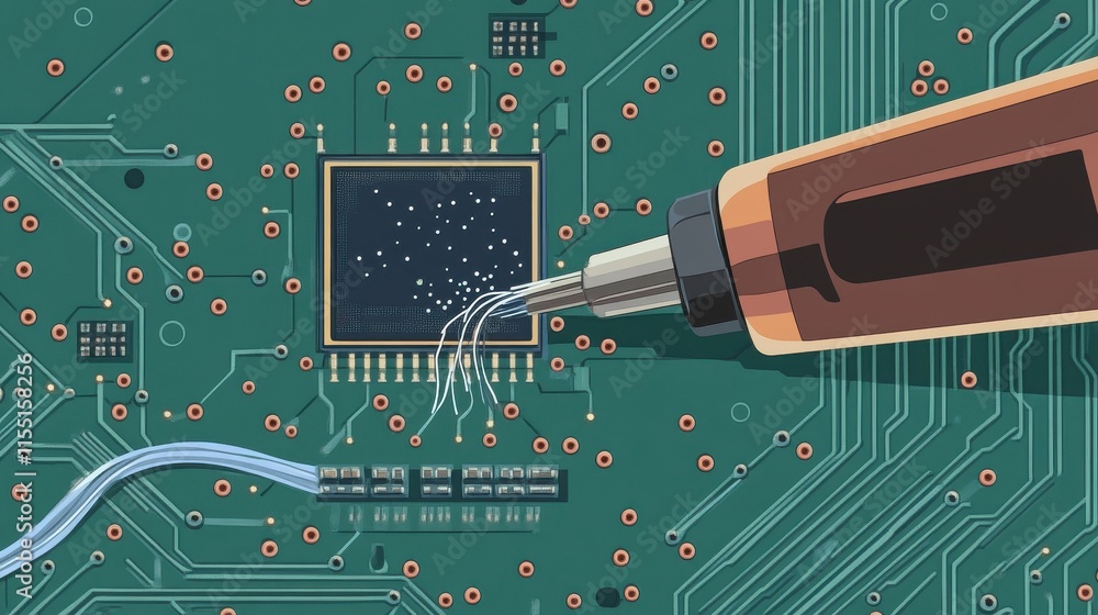 Poster a close-up of a circuit board with a soldering tool applying flux, showcasing intricate electronic c