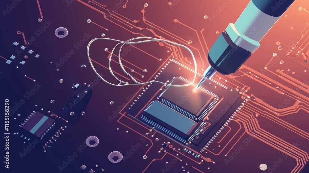 Aufkleber close-up of a futuristic circuit board being worked on with precise tools, highlighting advanced tec