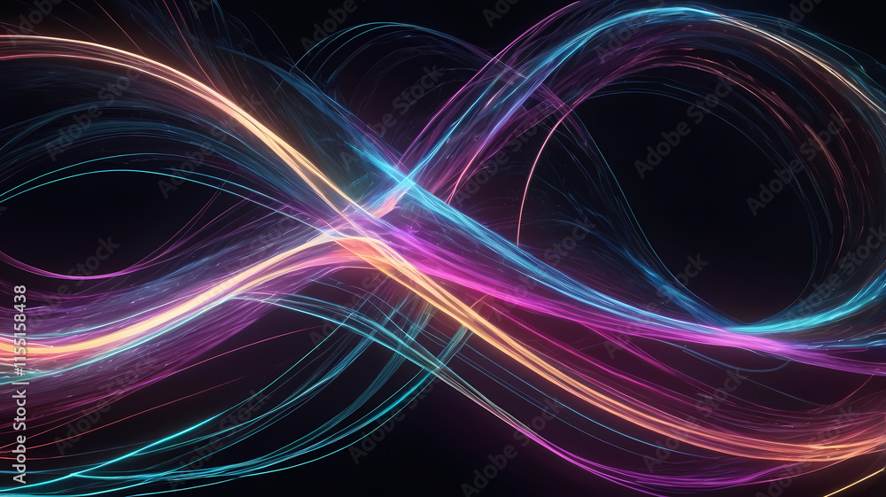 Poster ethereal infinite loop: a mesmerizing abstract background of vibrant, glowing lines intertwining to 