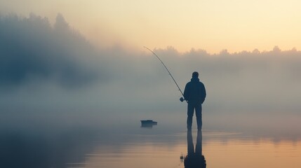 A blurry shot of an angler in the middle of a calm lake with completely blurred objects, creating an aesthetic impression from a color perspective