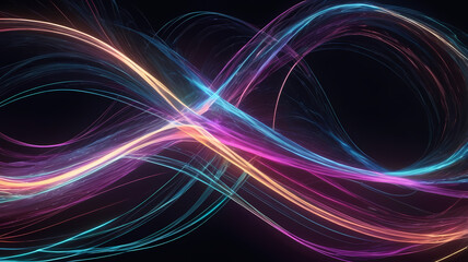 Obraz premium Ethereal Infinite Loop: A mesmerizing abstract background of vibrant, glowing lines intertwining to form a continuous loop, symbolizing the endless possibilities and infinite potential of the future.