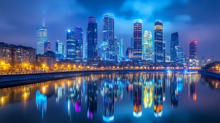 Obraz premium Night cityscape, modern buildings, city reflection in water