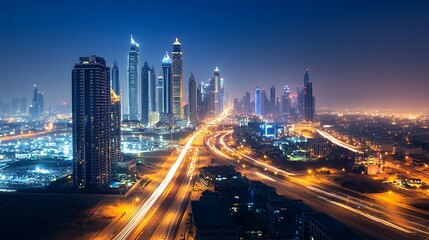 Fototapeta premium Night cityscape, modern city skyline, illuminated skyscrapers, highway traffic