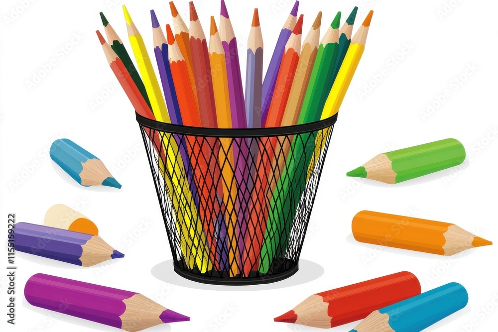 Poster colorful art supplies in a mesh container, showcasing a vibrant array of pencils and markers on a wh