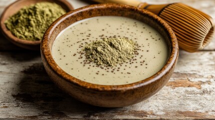 Matcha powder in a bowl of creamy drink, with matcha powder and bamboo whisk.