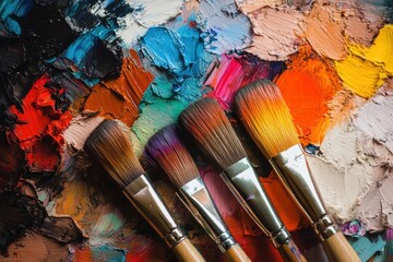 Obraz premium A close-up of four vibrant paintbrushes resting on a colorful palette, showcasing the artistry of painting.