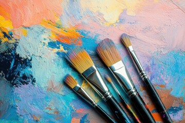 Obraz premium A set of artist paint brushes resting on a vibrant, multicolored palette.