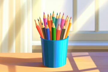 Fototapeta premium A vibrant collection of colored pencils arranged neatly in a bright blue cup by a sunlit window.