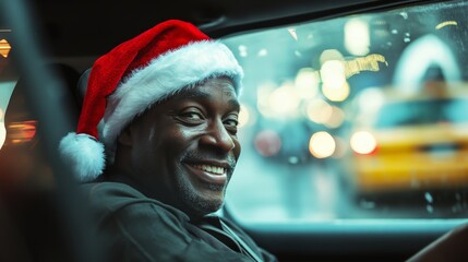 A cheerful man wearing a Santa hat radiates happiness while sitting in a car. The blurred city life outside showcases festive lights and a busy street, capturing the holiday atmosphere.