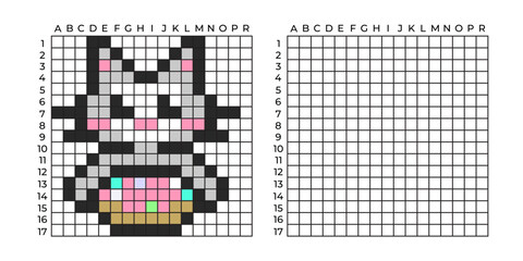 Fototapeta premium Copy Educational game for children. Cartoon pixel art cat with donut. Coloring by numbers for little children. A simple pattern for various types of mosaics, and cross stitch. Repeat the drawing.