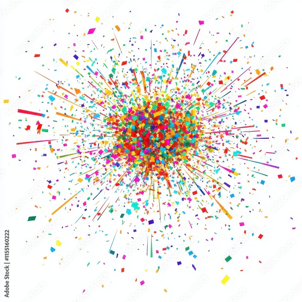 Poster a vibrant explosion of colorful confetti and sparkles against a pure white background, creating a fe