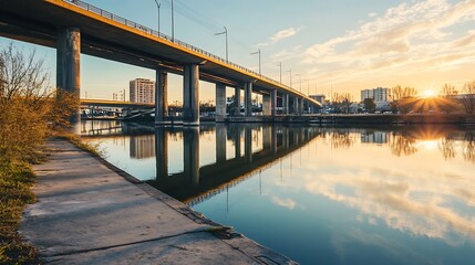Obraz premium Highway Bridge over River at Sunset. Urban Infrastructure and Nature.