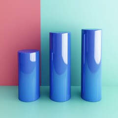 Three cylindrical blue pedestals of varying heights against a colorful background.