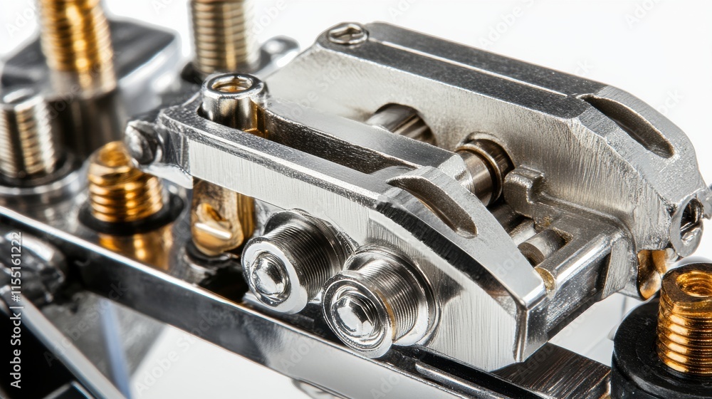 Poster close-up of a shiny metallic mechanical component with intricate details and precision engineering.