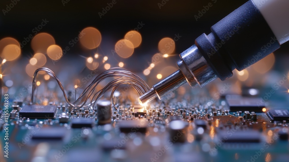 Poster a close-up view of a soldering tool connecting wires on a circuit board with warm bokeh lights in th
