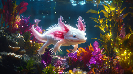 Axolotl in Vibrant Underwater World with Bioluminescent Algae