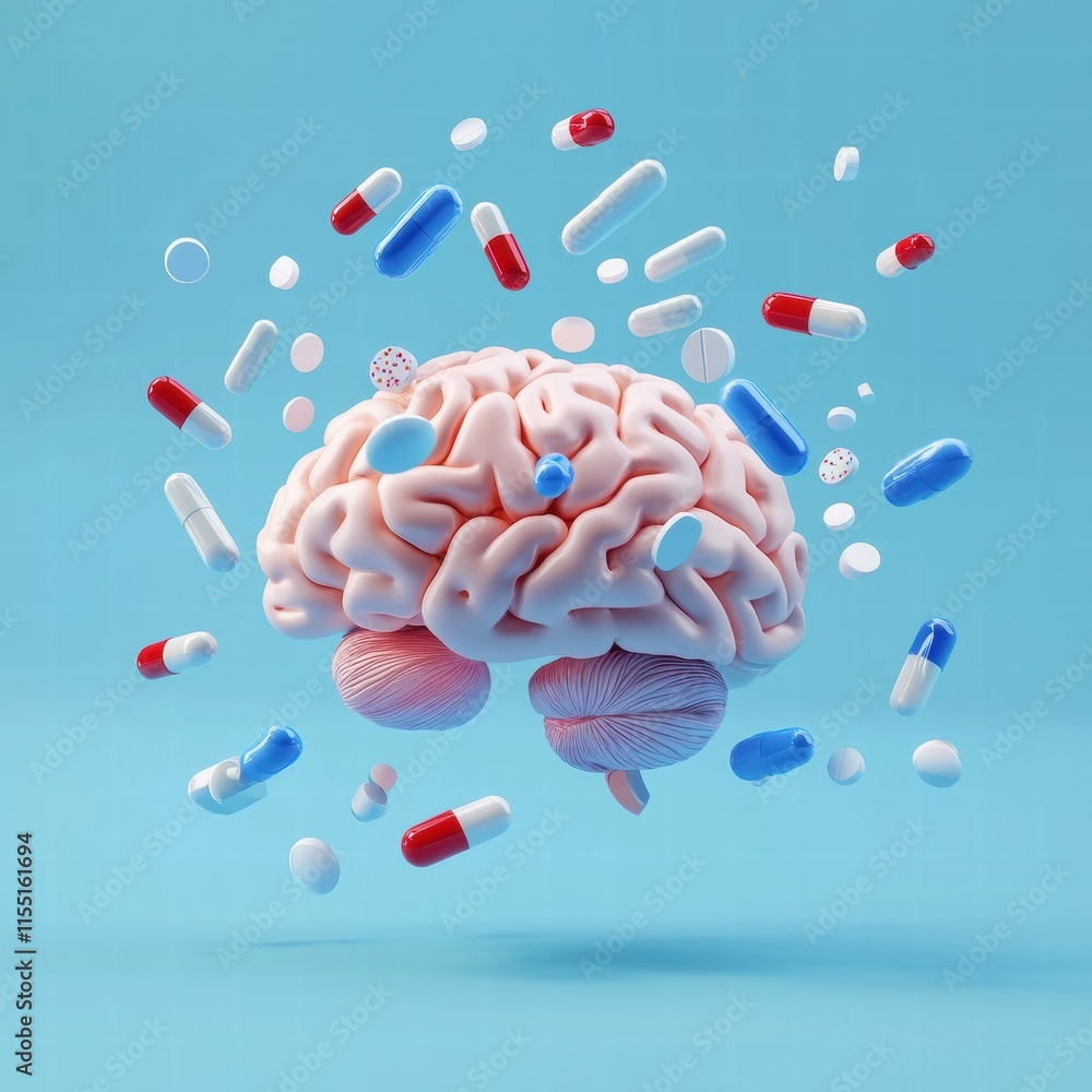 Leinwandbilder 3D model of a human brain surrounded by various colorful pills representing health and cognition. Generative AI