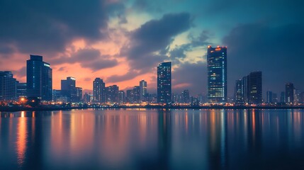 Fototapeta premium Cityscape at sunset, urban skyline reflection in water