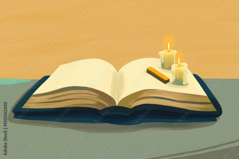 Poster an open book with two candles lit beside it, creating a warm and inviting ambiance.