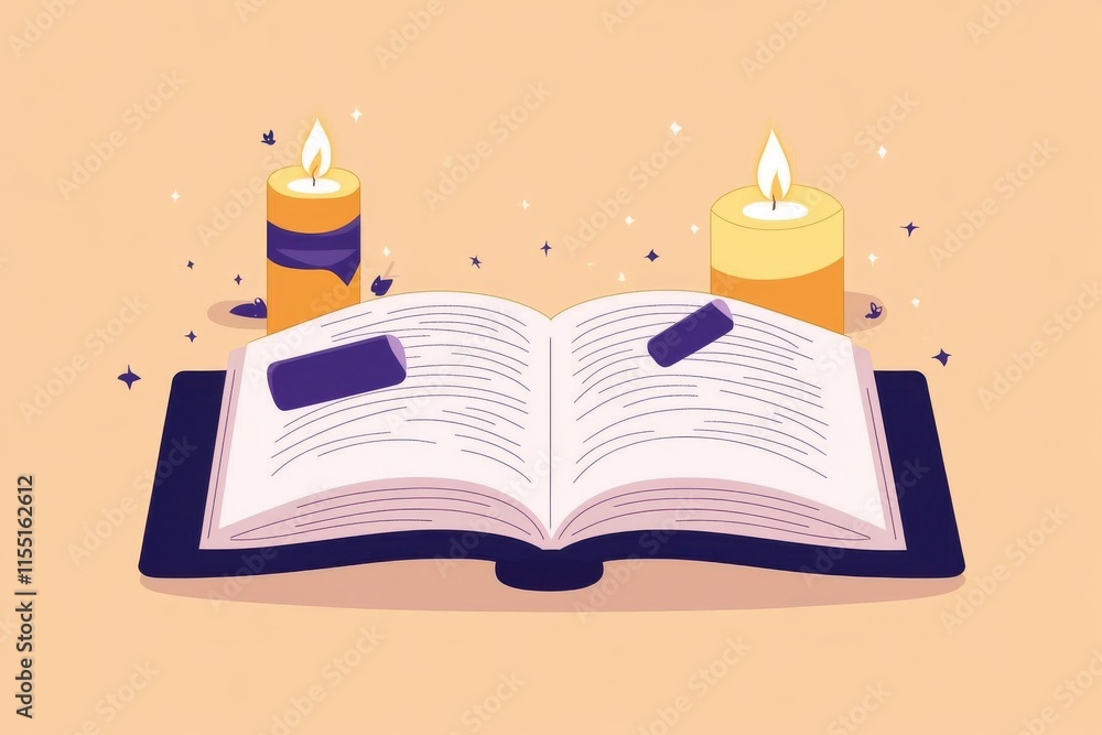 Aufkleber an open book surrounded by glowing candles, creating a warm, inviting atmosphere perfect for reading