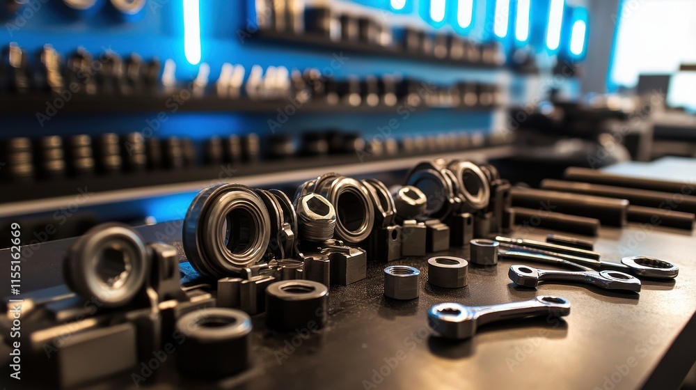 Poster a close-up of metallic tools and hardware, highlighting precision and craftsmanship in an industrial