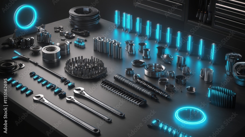 Poster an organized array of metallic tools and hardware with glowing blue accents, showcasing craftsmanshi