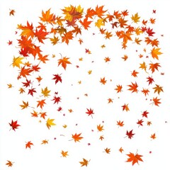 A vibrant display of falling autumn leaves in shades of red, orange, and yellow against a clean white background.