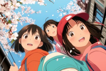 Fototapeta premium Anime friends enjoying the cherry blossom festival in japan slice of life manga style vibrant spring atmosphere