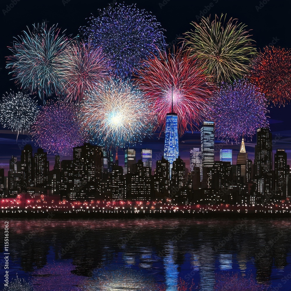 Poster a vibrant display of fireworks illuminating a city skyline at night, creating a festive atmosphere.