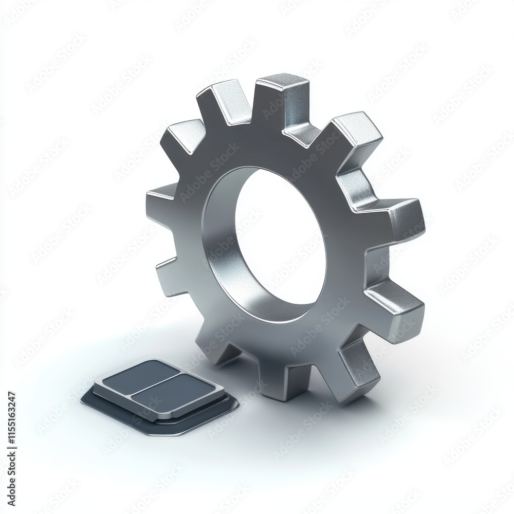 Poster a metallic gear next to a small microchip, symbolizing technology and engineering innovation.